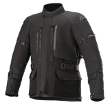 Alpinestars Ketchum GORE-TEX Jacket, Black motorcycle touring jacket, featuring a high collar, multiple zippered vents and large cargo pockets, adjustable straps on sleeves and waist, reinforced shoulder panels, and durable textile construction for adventure riding