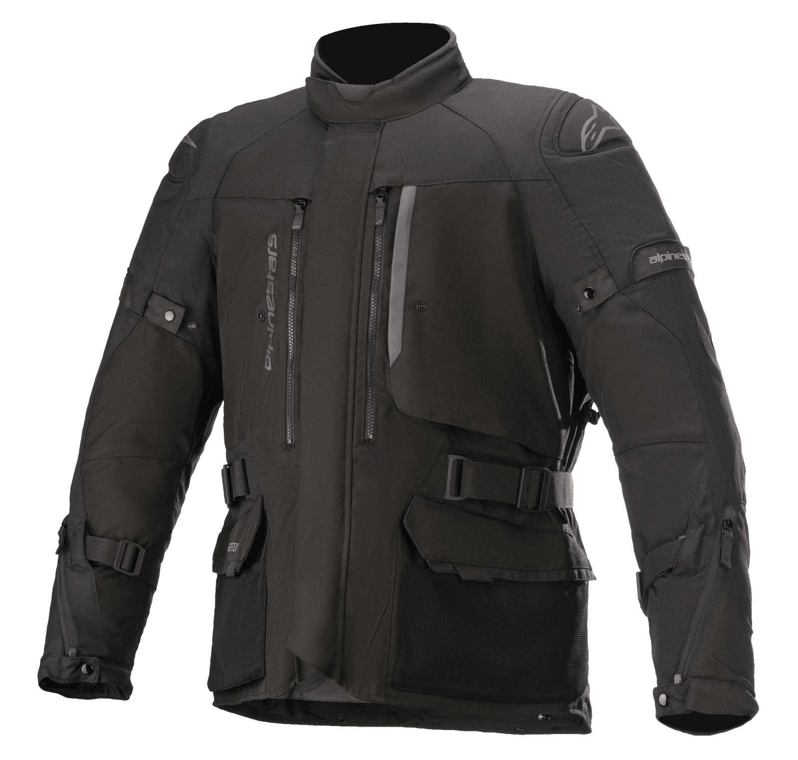 Alpinestars Ketchum GORE-TEX Jacket, Black motorcycle touring jacket, featuring a high collar, multiple zippered vents and large cargo pockets, adjustable straps on sleeves and waist, reinforced shoulder panels, and durable textile construction for adventure riding