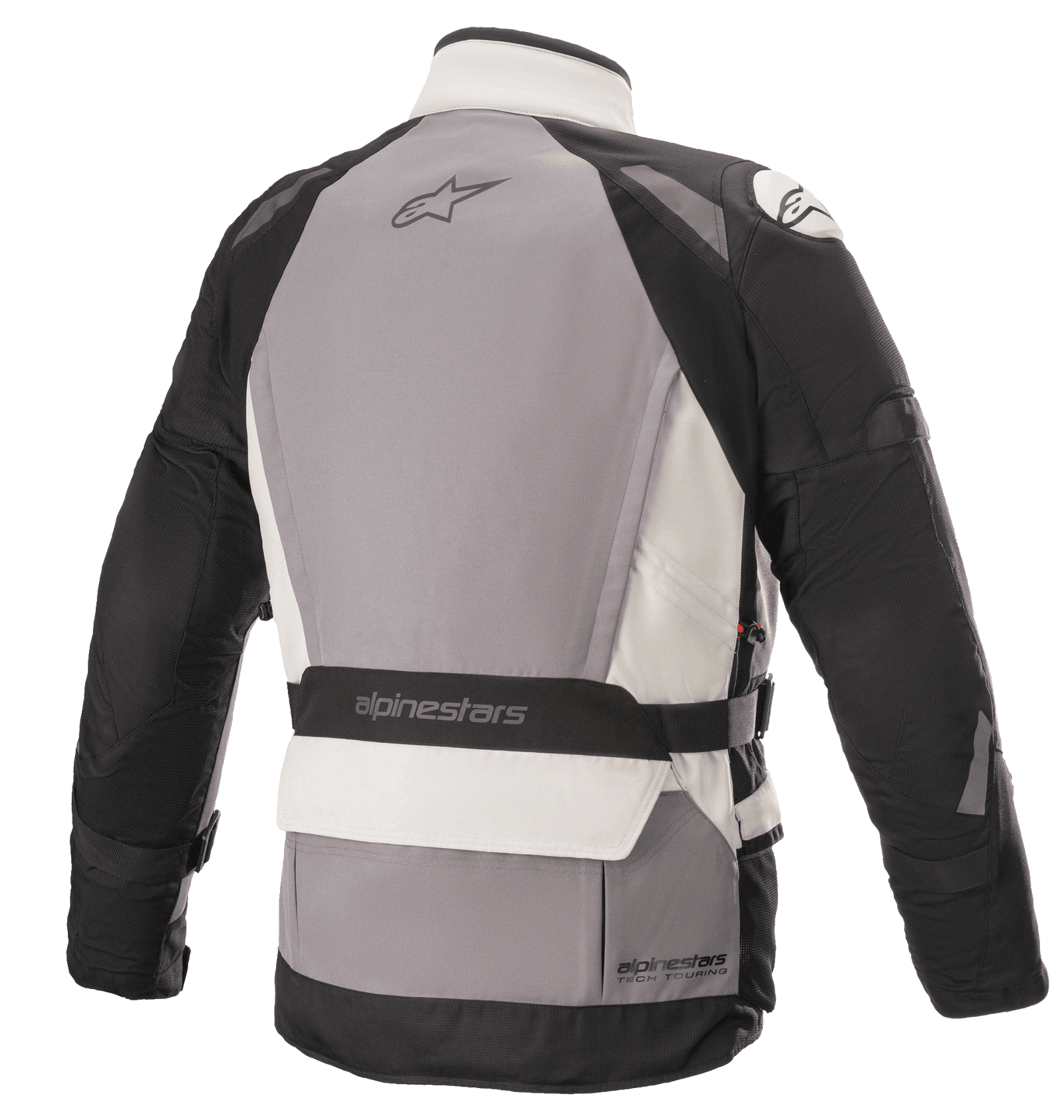 Alpinestars Ketchum GORE-TEX Jacket, men's adventure touring motorcycle jacket in ice gray and black textile, rear view.