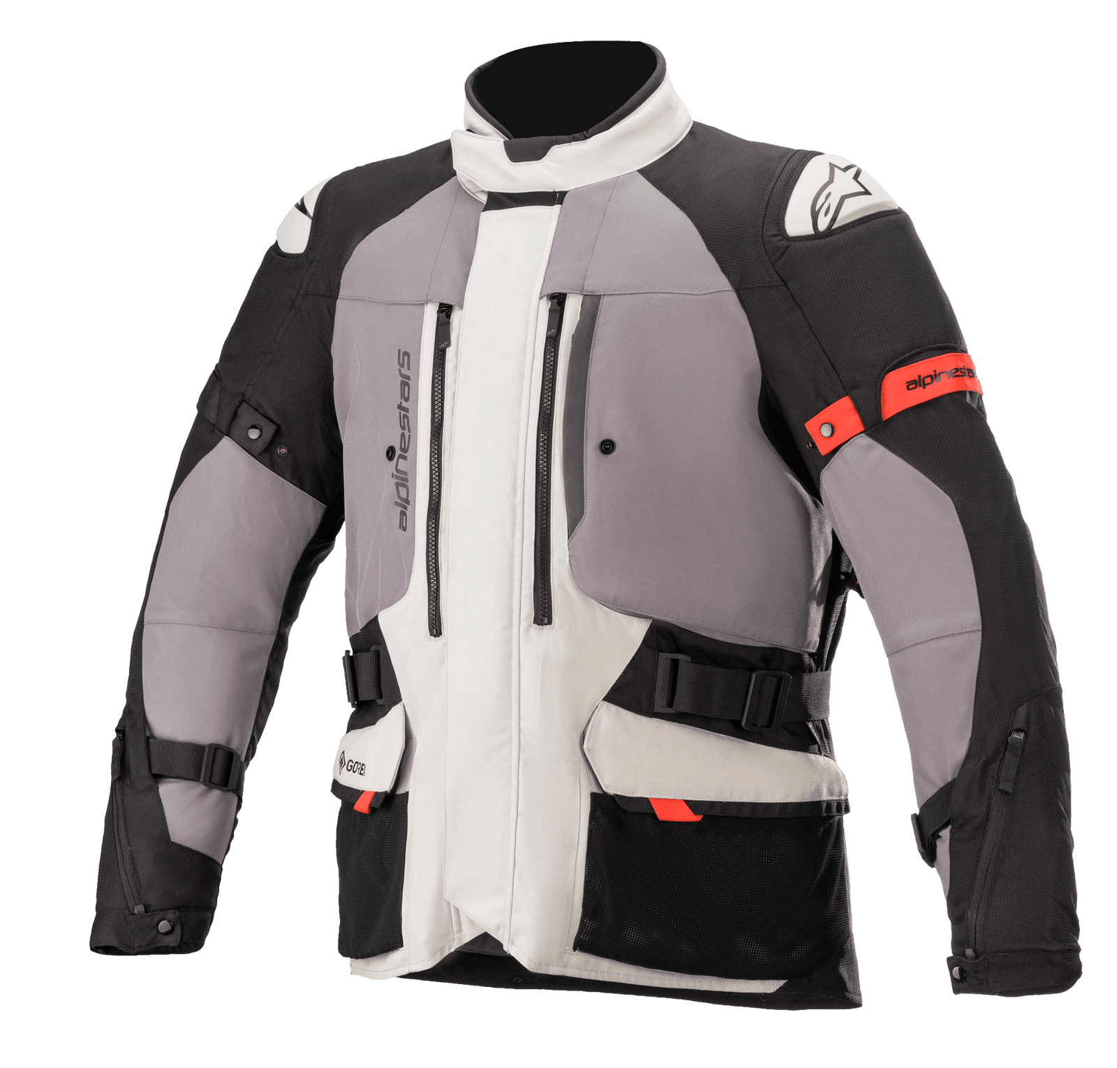 Alpinestars Ketchum GORE-TEX Jacket, men's adventure touring motorcycle jacket in ice gray and black waterproof textile.