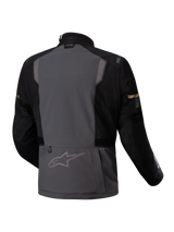 Alpinestars ST-7 2L GORE-TEX Jacket, waterproof adventure motorcycle touring jacket, back view showing deep gray and black colorway with reflective details and CE certification