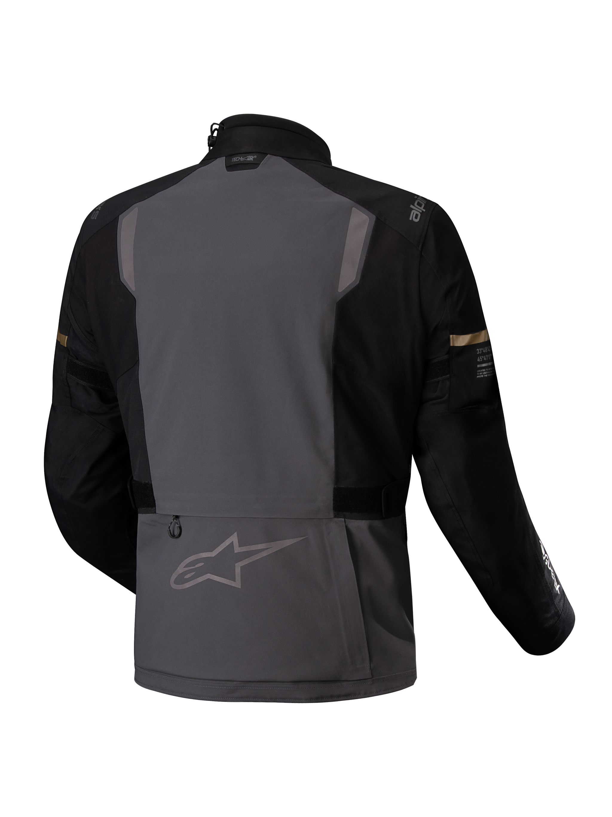 Alpinestars ST-7 2L GORE-TEX Jacket, waterproof adventure motorcycle touring jacket, back view showing deep gray and black colorway with reflective details and CE certification