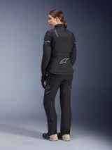 Alpinestars Women's Stella ST-7 2L GORE-TEX Jacket and Pants, full black adventure touring suit, back view showing Alpinestars star logo and Exploration Equipment branding, paired with beige boots and black gloves.