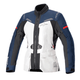Alpinestars Women Stella ST-7 2L GORE-TEX Jacket, Motorcycle Touring Jacket, Ice Gray Dark Blue and Black with Red Accents, features front cargo pockets, adjustable arm straps, high collar, and laminated waterproof construction for adventure touring