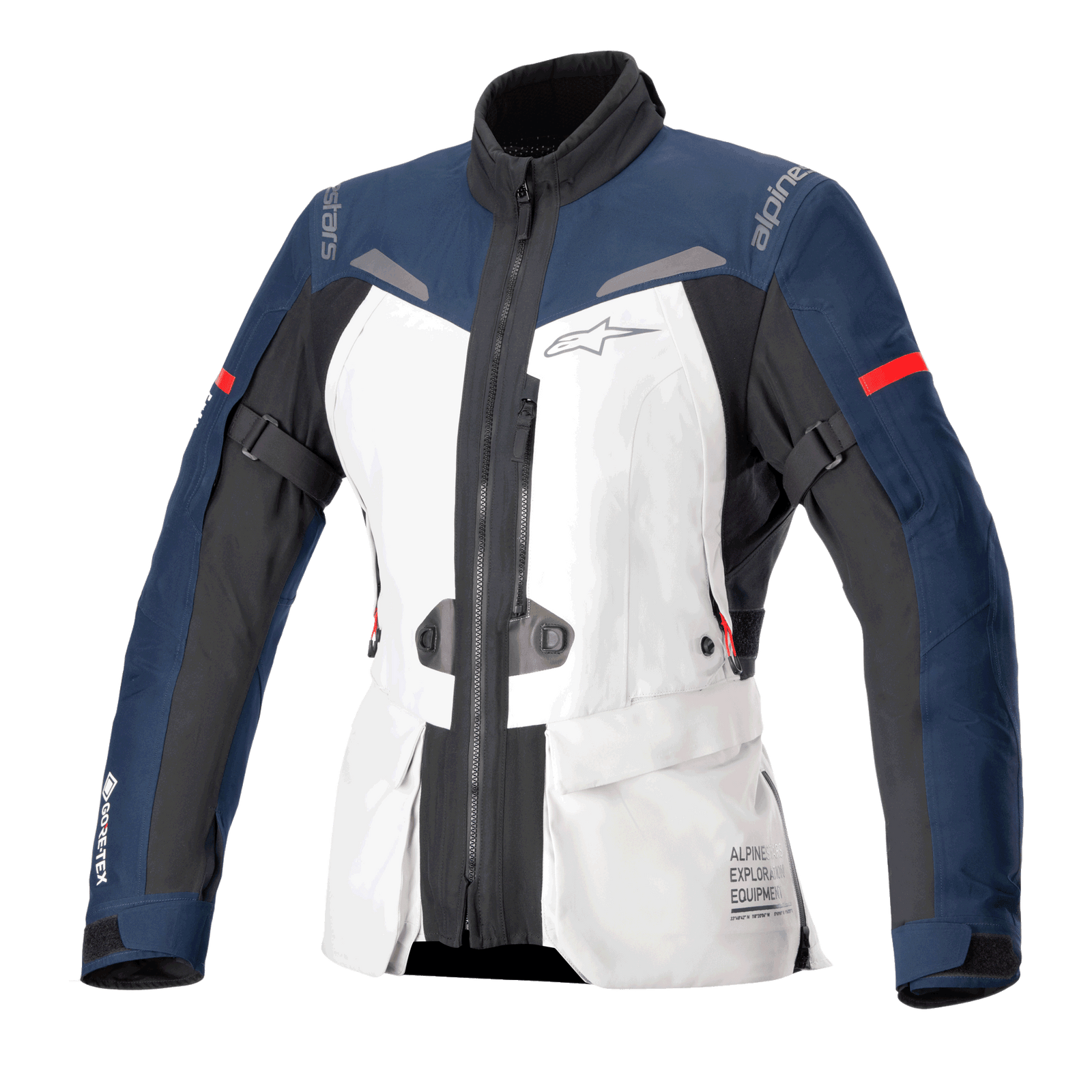 Alpinestars Women Stella ST-7 2L GORE-TEX Jacket, Motorcycle Touring Jacket, Ice Gray Dark Blue and Black with Red Accents, features front cargo pockets, adjustable arm straps, high collar, and laminated waterproof construction for adventure touring