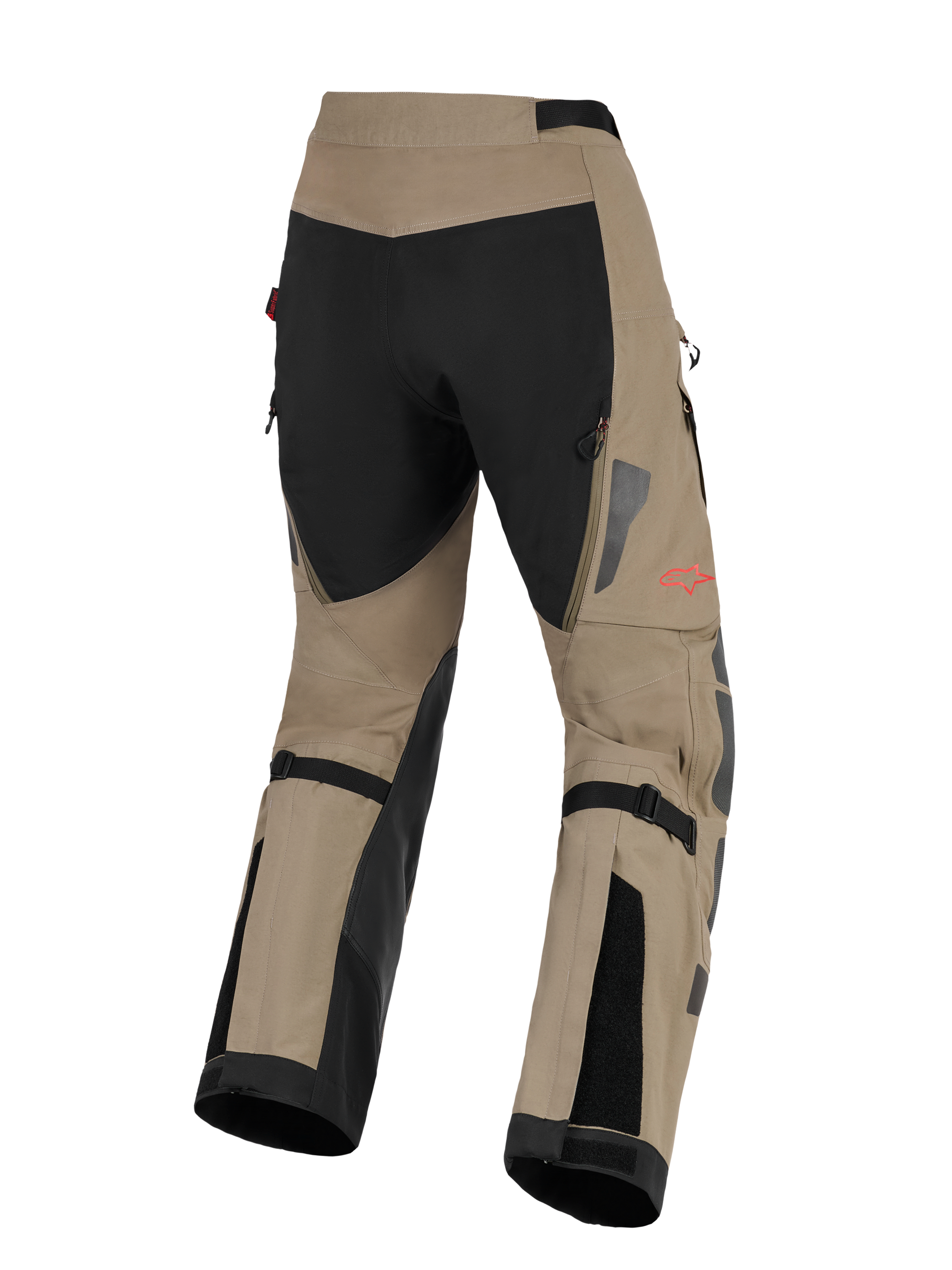 Alpinestars Nazca 3L GORE-TEX PRO Pants, Adventure Motorcycle Pants, Walnut and Black, rear view featuring black seat panel and walnut lower legs, red star logo on the side, black calf adjustment straps, and reflective silver detailing