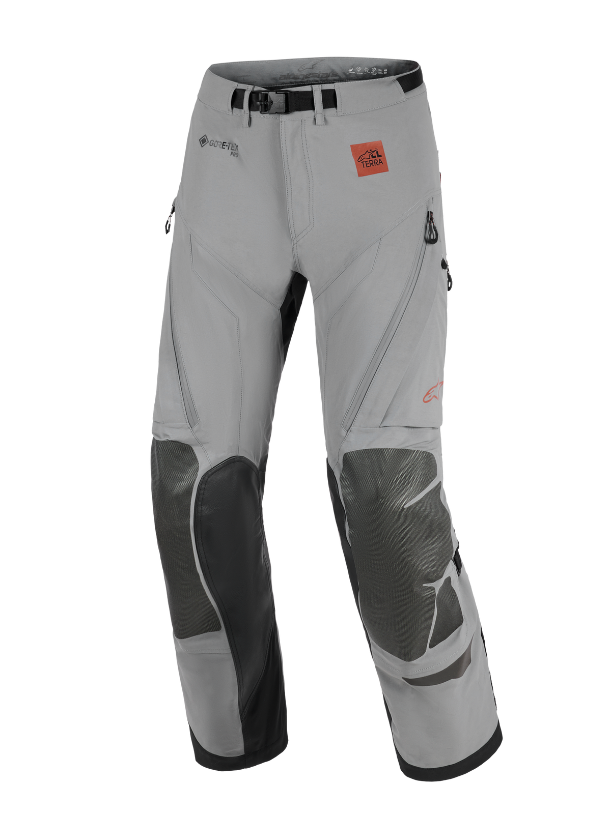 Alpinestars Nazca 3L GORE-TEX PRO Pants, adventure motorcycle pants in Dark Gray and Black, front view featuring GORE-TEX PRO branding, All Terra logo, and reinforced knee panels