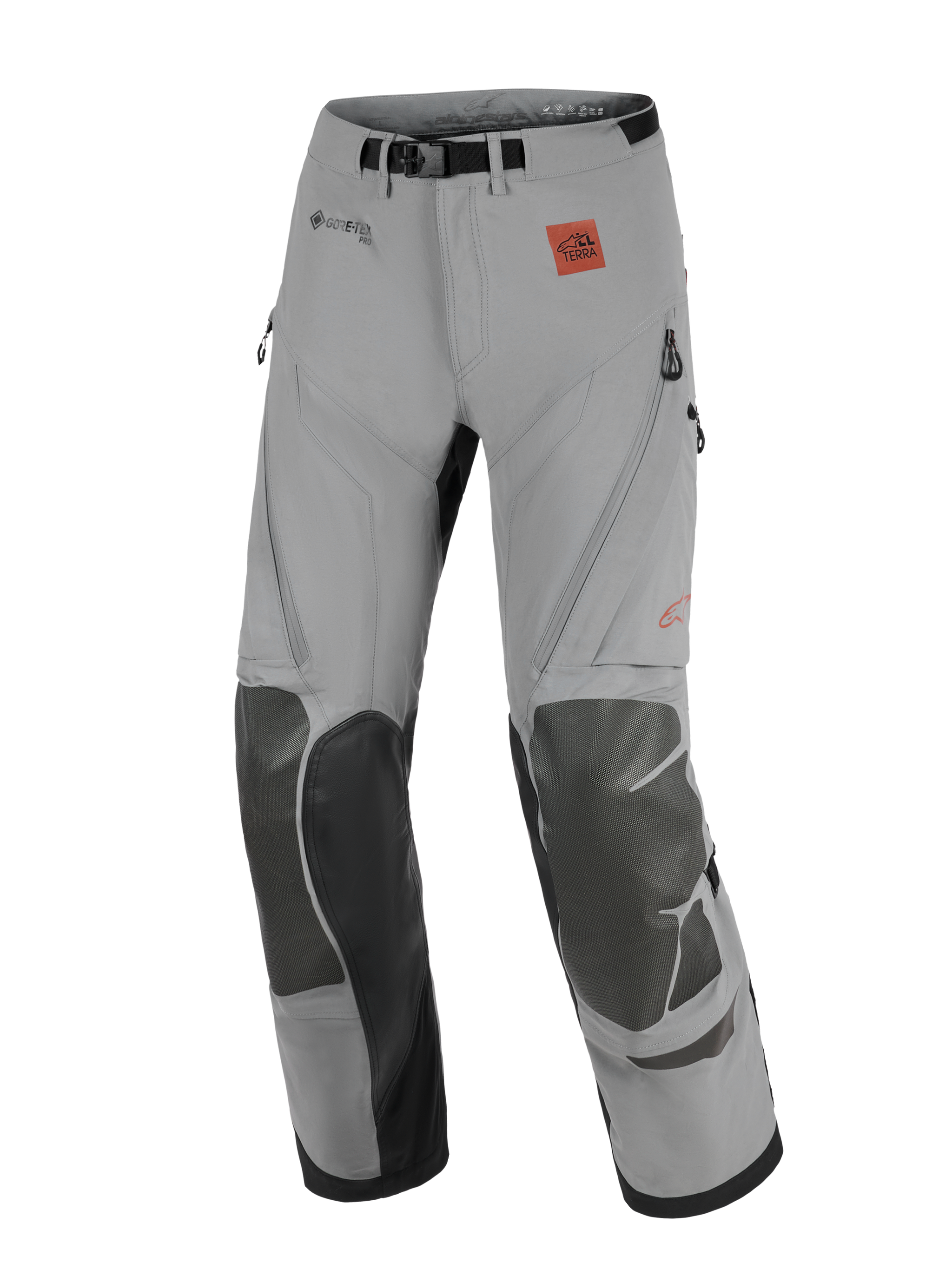 Alpinestars Nazca 3L GORE-TEX PRO Pants, adventure motorcycle pants, Dark Gray and Black, featuring reinforced knee panels, GORE-TEX PRO branding, and All Terra logo, technical design for off-road and touring