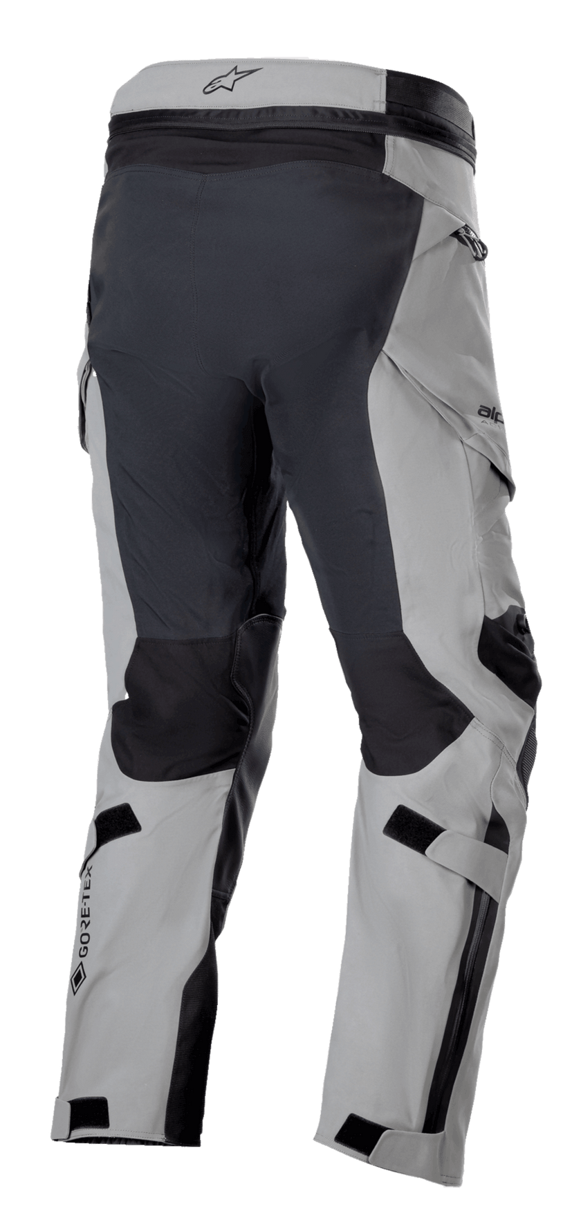 Alpinestars Boulder 3L GORE-TEX Pants, Adventure Motorcycle Pants, Dark Gray and Black, rear three-quarter view showing reinforced seat and inner legs, light gray panels, GORE-TEX logo on calf, and ergonomic cargo pockets.