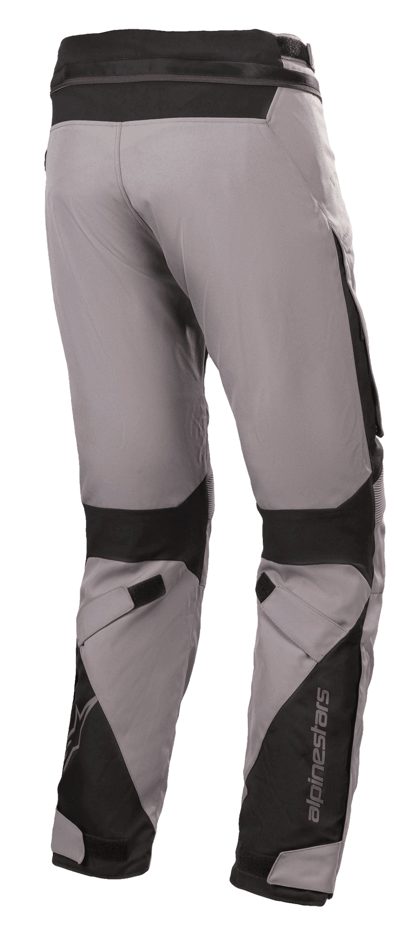 Alpinestars Road Pro GORE-TEX Pants, Motorcycle Touring Pants, Dark Gray and Black, rear view featuring technical textile construction, black ballistic nylon reinforcements, adjustable straps at the knees and ankles, and Alpinestars branding.