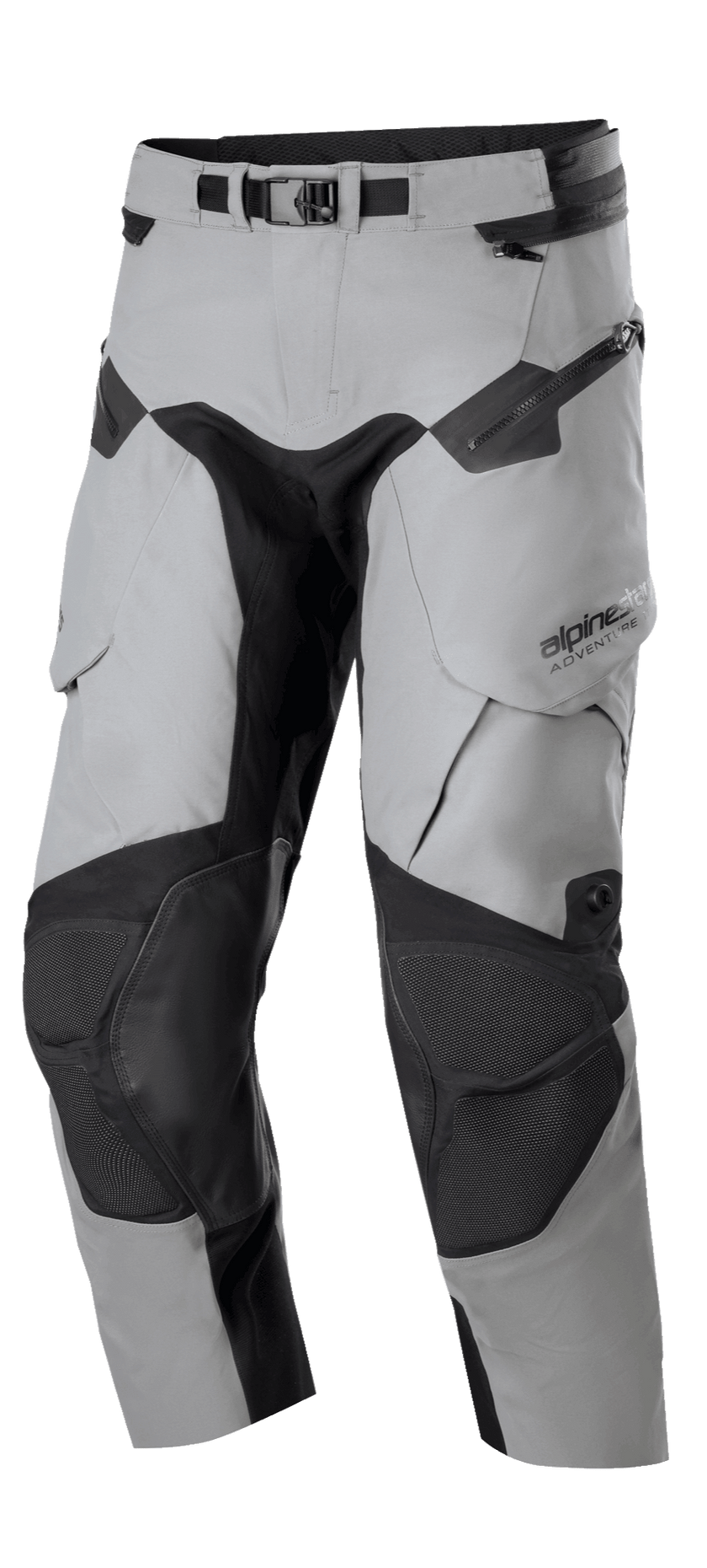 Alpinestars Boulder 3L GORE-TEX Pants - Short Length, Adventure Touring Motorcycle Pants, Dark Gray and Black, featuring reinforced knee panels, adjustable waist belt with buckle, waterproof zippers, and ergonomic pockets, durable construction for extreme weather