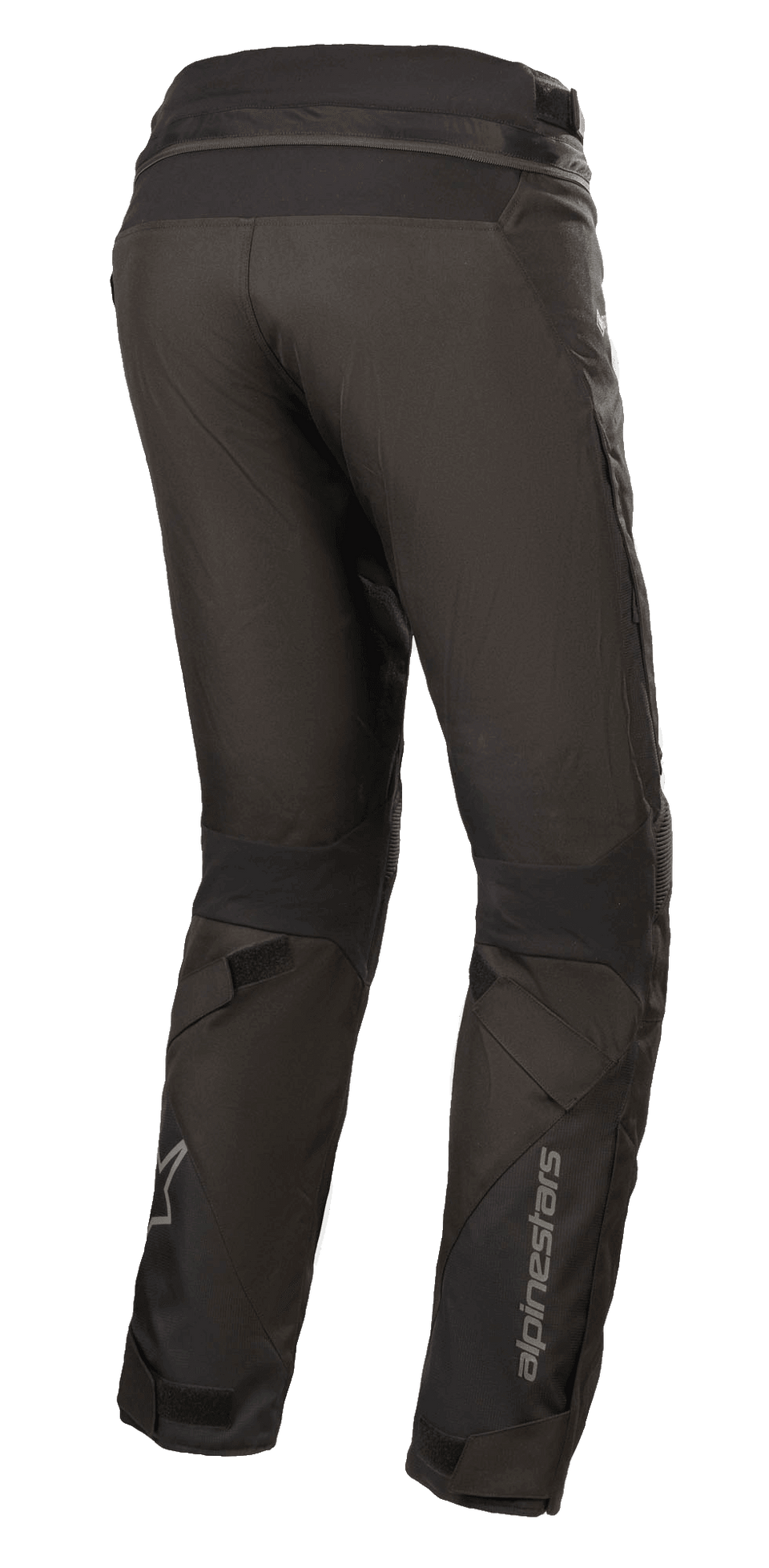 Alpinestars Women Stella Road Pro GORE-TEX Pants, Black, rear three-quarter view, technical textile motorcycle pants with reflective Alpinestars branding on the lower leg, featuring tapered fit, velcro leg adjusters, and waist connection zipper for adventure touring.