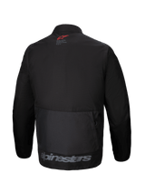 Alpinestars Pro-Dura Jacket, back view, black textile enduro jacket, large rear cargo pocket, red star logo on the neck, gray Alpinestars branding on the lower hem, rugged off-road design