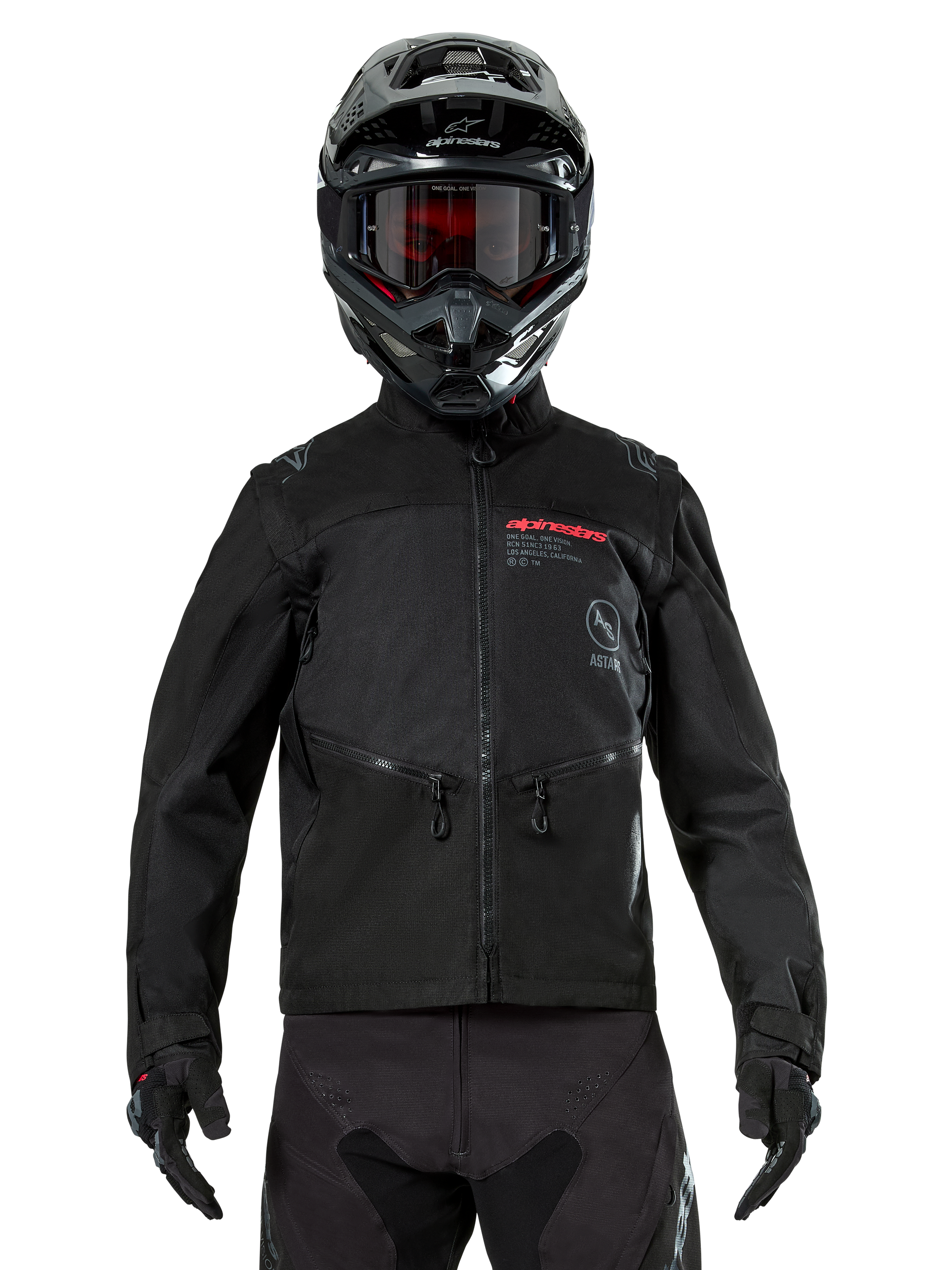 Alpinestars Pro-Dura Jacket, Black Off-road Motorcycle Jacket, front view worn by a rider with a matching black helmet and goggles, featuring red Alpinestars branding, zippered chest pockets, and durable textile construction for enduro riding.