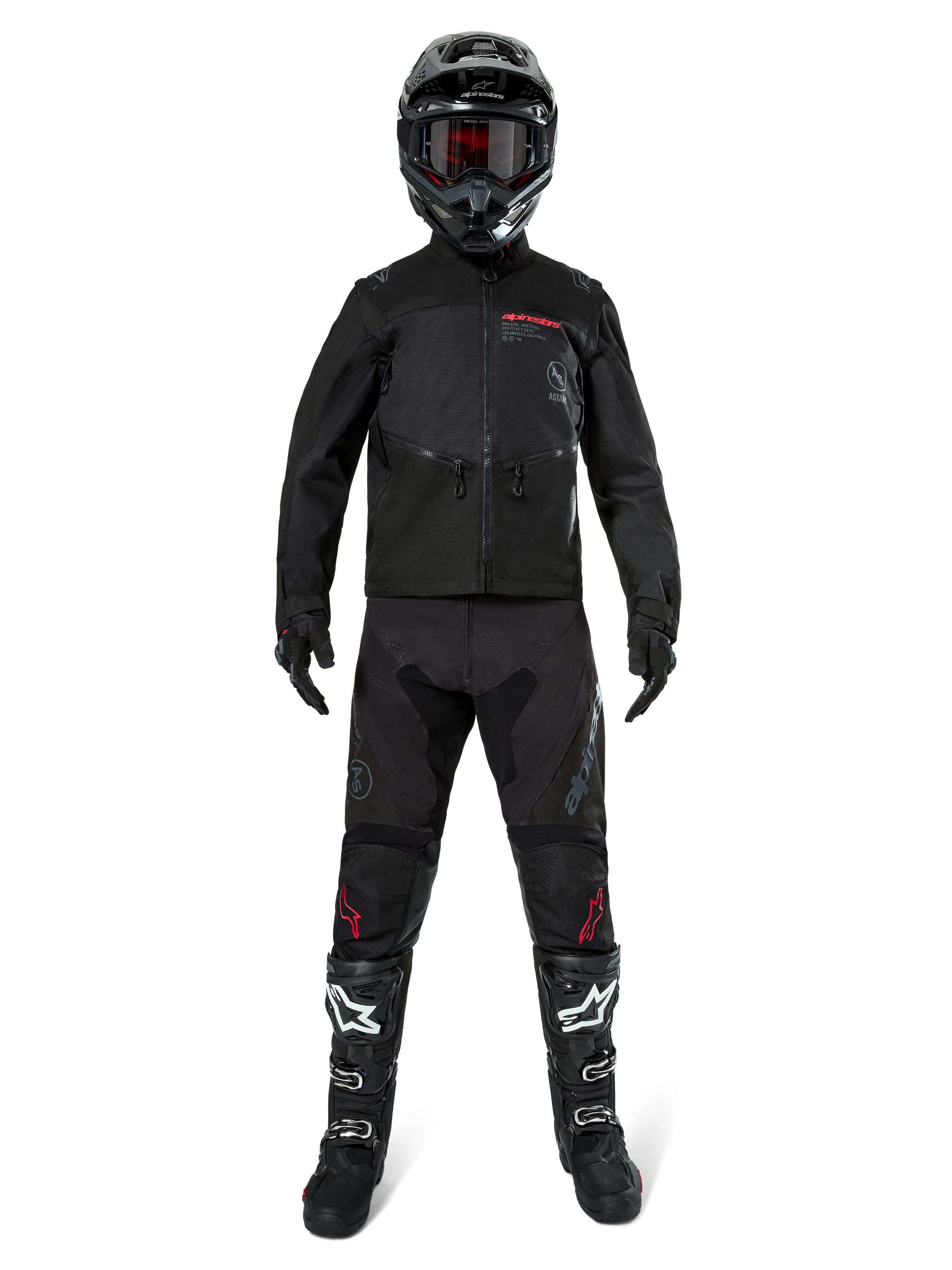 Alpinestars Pro-Dura Jacket, Black Off-Road Enduro Jacket, shown on a model with a complete gear set including a black helmet with red goggles, black pants with red accents, black and white boots, and black gloves, rally-inspired rugged design for trail riding