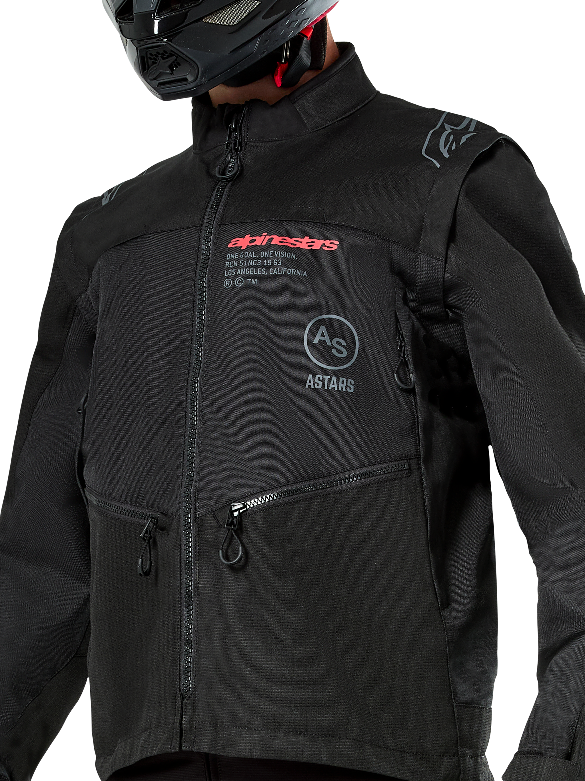 Alpinestars Pro-Dura Jacket, Black off-road motorcycle jacket featuring red Alpinestars branding and a gray circular Astars logo on the chest, zippered hand pockets, and durable ripstop textile construction, rally-inspired design for enduro riding.