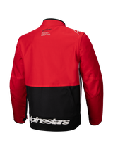 Alpinestars Pro-Dura Jacket, Off-Road Enduro Jacket, Black Bright Red White, back view, featuring a red upper body and sleeves with a black lower panel, white Alpinestars logo across the bottom hem, and durable ripstop textile construction for aggressive trail riding.