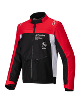 Alpinestars Pro-Dura Jacket, Off-Road Motorcycle Jacket, Black Bright Red and White, featuring a high collar, front zipper, and ripstop textile construction with red sleeves, white side panels, and Alpinestars branding on the chest.