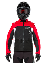 Alpinestars Pro-Dura Jacket, Off-Road Motorcycle Jacket, Black Bright Red and White, worn by a rider with a black motocross helmet and goggles, featuring a durable ripstop construction and white side panels, designed for enduro and trail riding