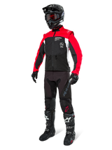 Alpinestars Pro-Dura Jacket, Off-Road Motorcycle Jacket, Black Bright Red and White, worn with complete racing gear including black helmet with red goggles, black pants, and black and white boots, durable textile outfit for enduro and trail riding