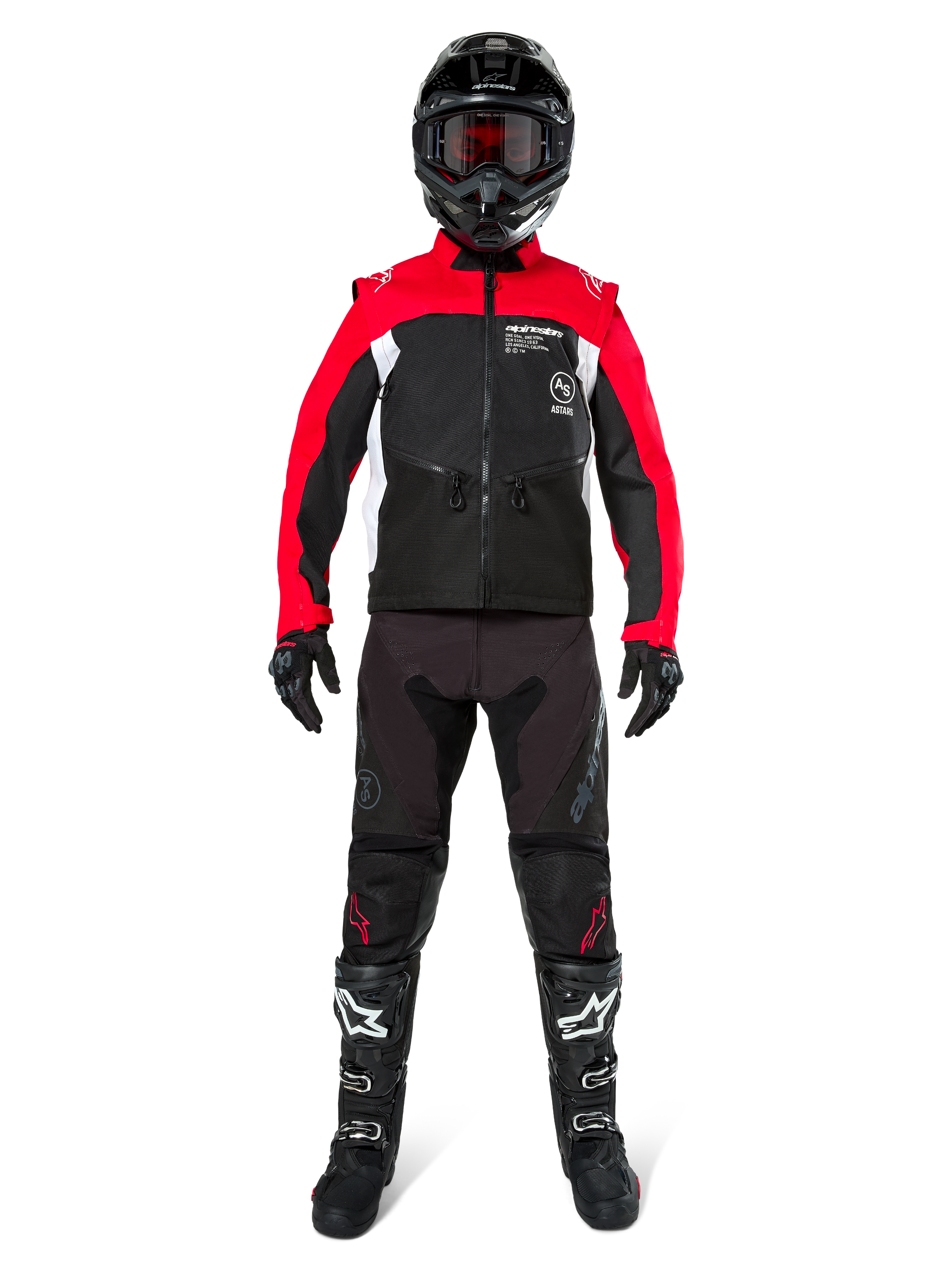 Motocross rider wearing complete off-road gear, Alpinestars Pro-Dura Jacket in Black, Bright Red, and White, black pants with red accents, black helmet with red goggles, black and white boots, coordinated outfit for enduro and trail riding