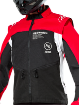 Alpinestars Pro-Dura Jacket, Off-Road Motorcycle Jacket, Black Bright Red and White, worn with a black helmet, featuring zippered pockets and bold branding on the chest, durable textile construction for enduro and trail riding