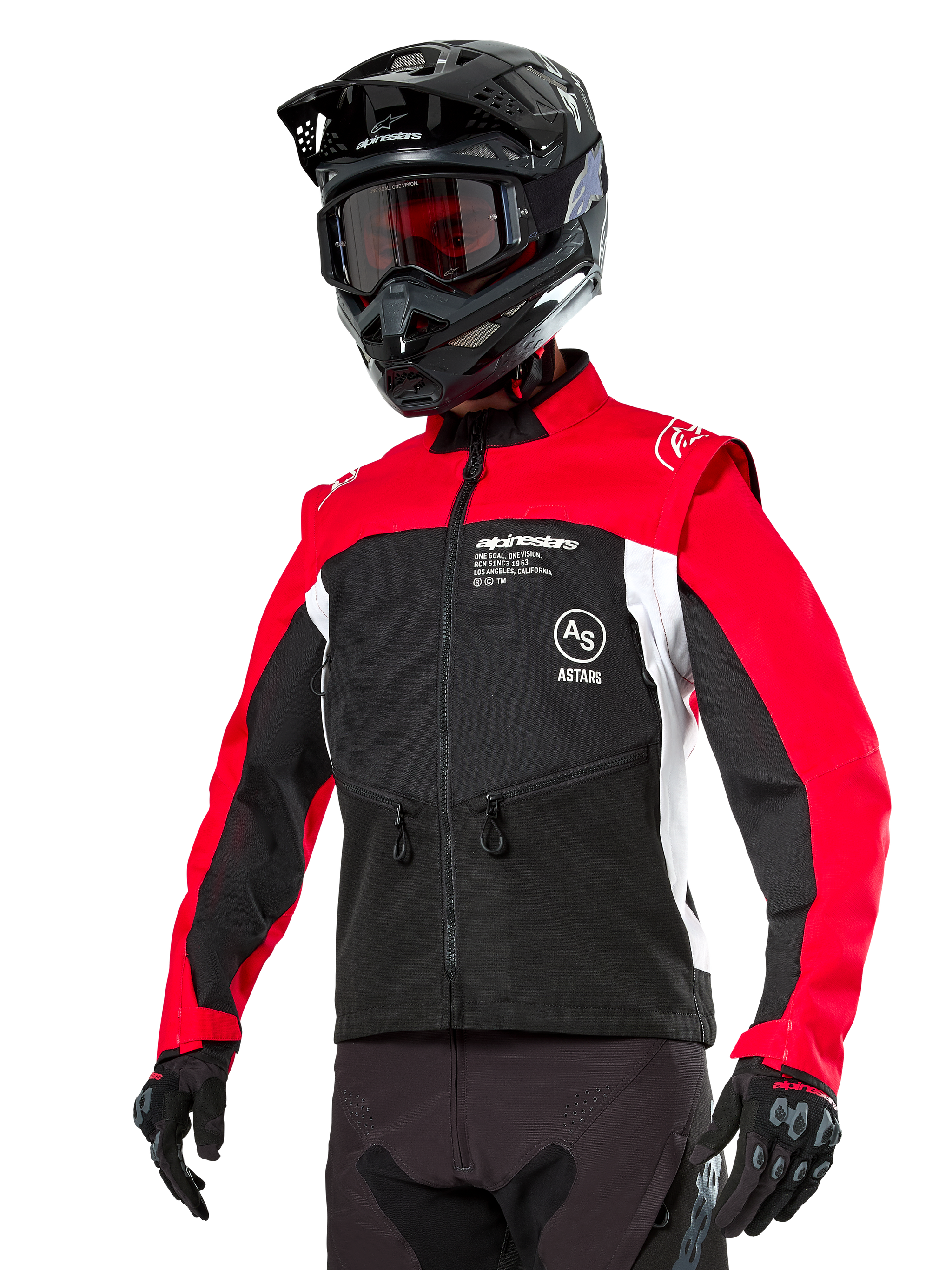 Alpinestars Pro-Dura Jacket, Off-Road Enduro Motorcycle Jacket, Black with Bright Red and White color blocking, worn by a rider with a black helmet and goggles, featuring front zippered pockets and Alpinestars branding, durable textile construction for trail riding