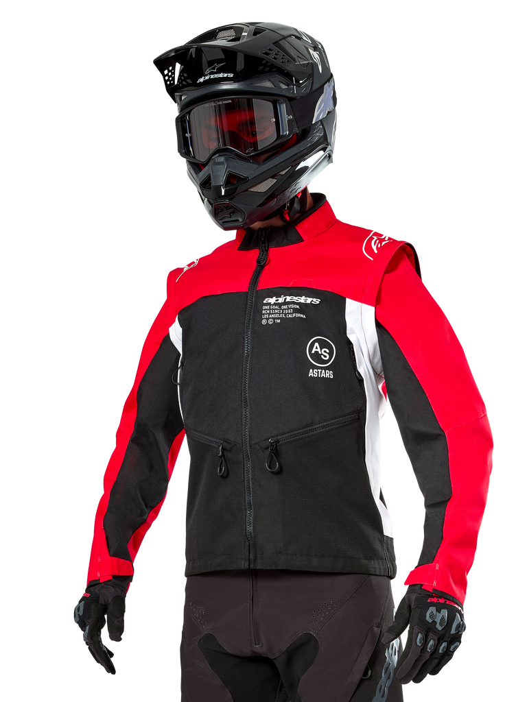 Alpinestars Pro-Dura Jacket, Off-Road Enduro Motorcycle Jacket, Black with Bright Red and White color blocking, worn by a rider with a black helmet and goggles, featuring front zippered pockets and Alpinestars branding, durable textile construction for trail riding