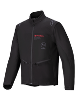 Alpinestars Lite-Dura Softshell Jacket, Black, Enduro Off-Road Motorcycle Jacket, featuring red Alpinestars branding and AS ASTARS logo on the chest, zippered hand pockets, and windproof softshell construction.