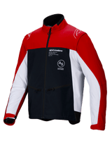 Alpinestars Lite-Dura Softshell Jacket, Off-Road Enduro Motorcycle Jacket, Black Bright Red and White, featuring a color-block design with red shoulders and outer sleeves, white side panels, and black chest with Alpinestars branding, zippered pockets, and high-collar design