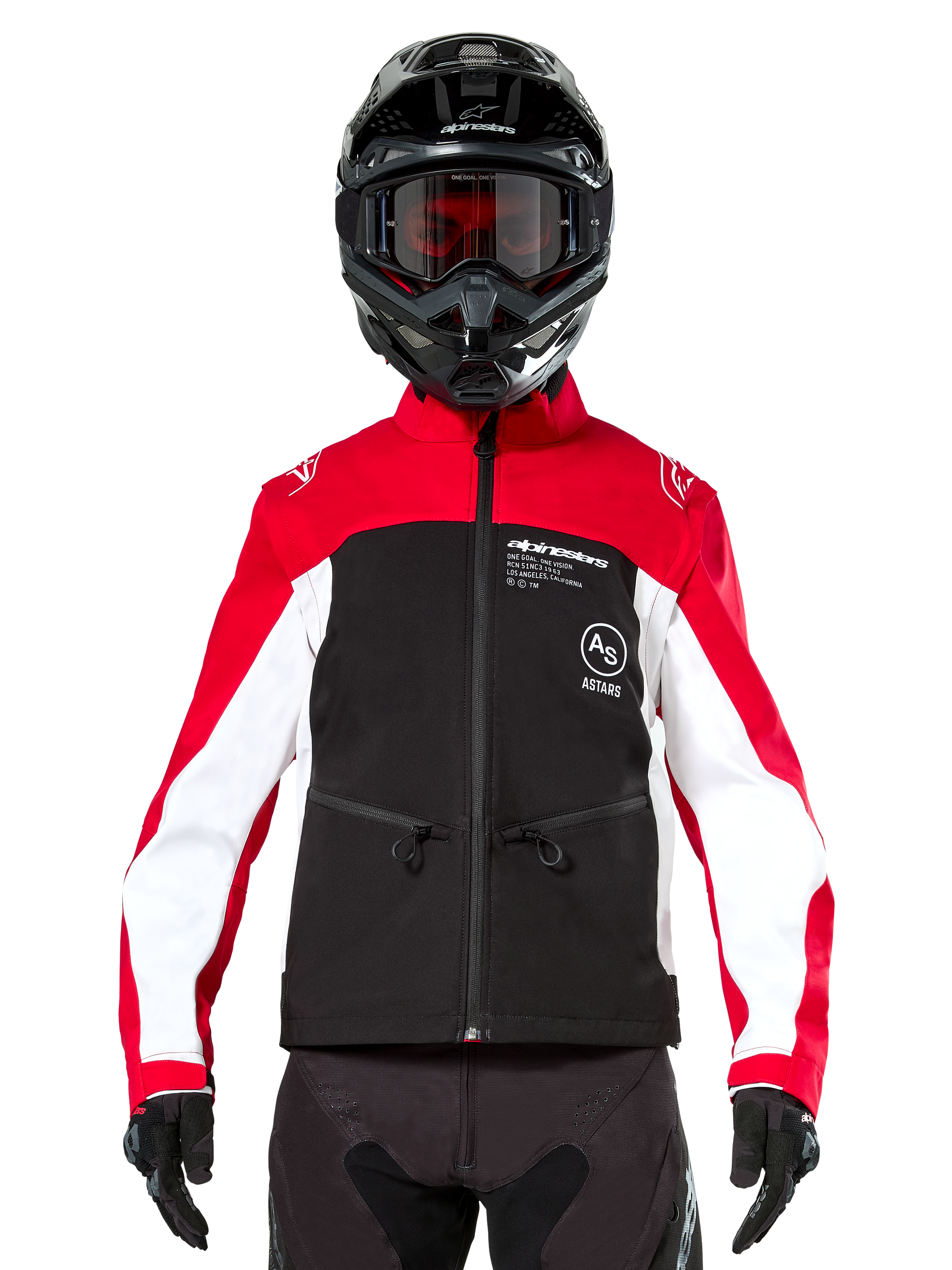 Alpinestars Lite-Dura Softshell Jacket in Black Bright Red and White, worn by a motocross rider with a black helmet and red-tinted goggles, featuring white panels on the sleeves, Alpinestars branding on the chest, and a sporty off-road design.