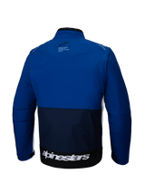 Alpinestars Lite-Dura Softshell Jacket, Back View, Navy, Bright Blue, and White, Off-road motorcycle jacket featuring a color-blocked design, large white branding on the lower back hem, and a small logo on the upper back.