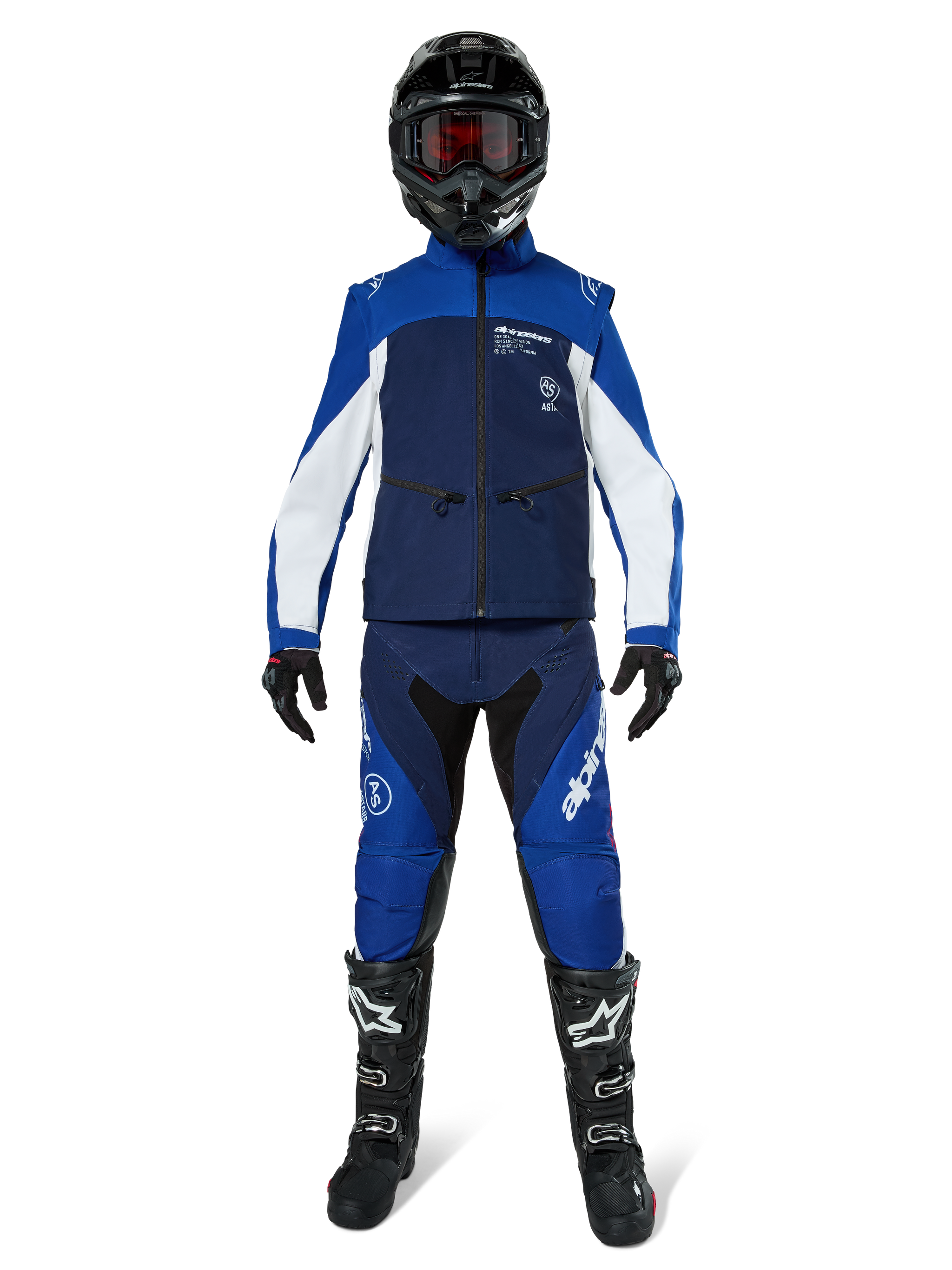 Alpinestars Lite-Dura Softshell Jacket, Off-Road Motorcycle Jacket in Navy, Bright Blue, and White, worn with a matching full gear set including a black helmet, enduro pants, and black boots, technical windproof apparel for dirt bike riding