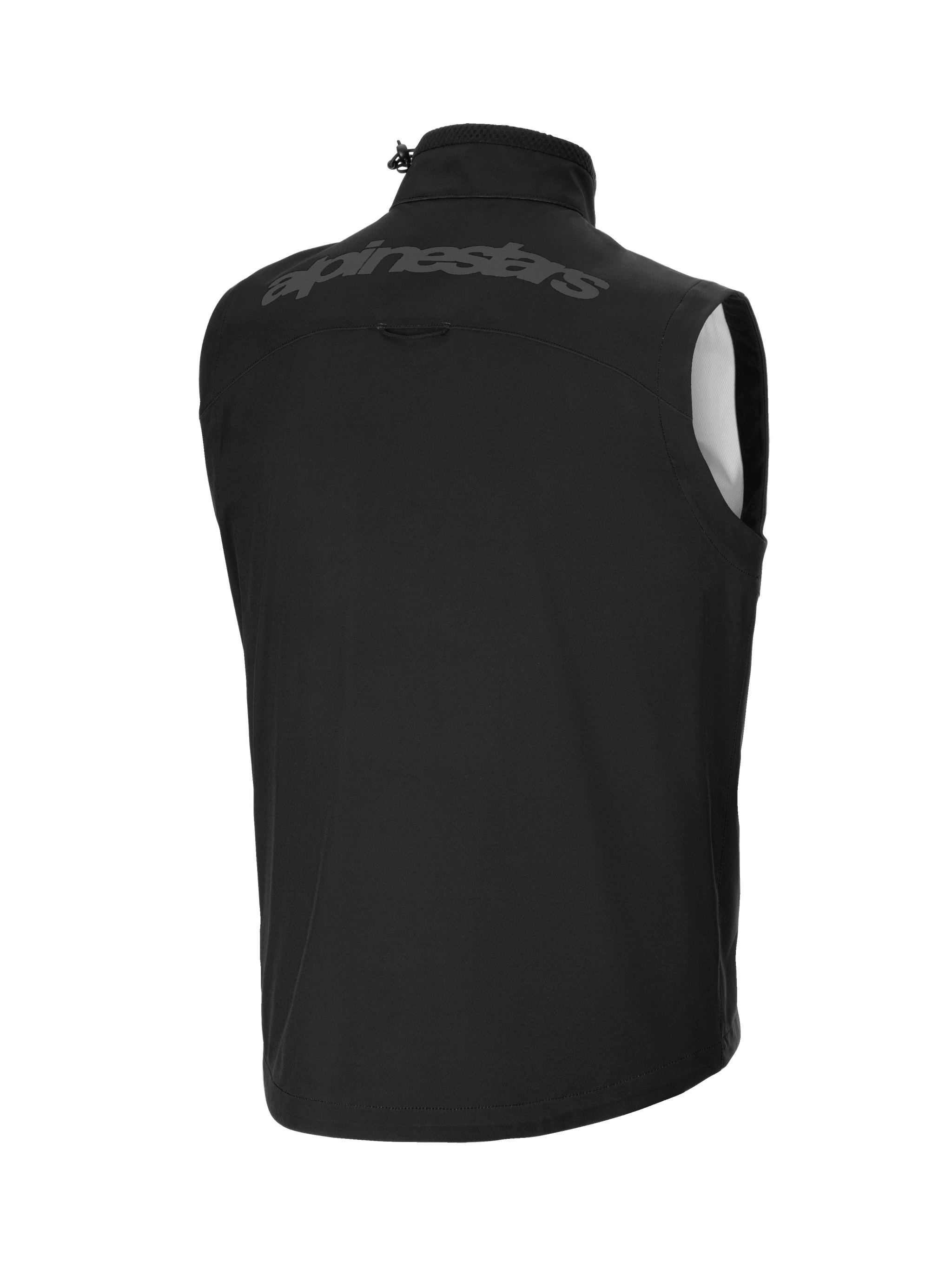 Alpinestars Techstar Softshell Vest, Black, Rear view featuring a large tonal alpinestars wordmark across the upper back, windproof lightweight softshell material, high collar with adjustable toggle, ergonomic sleeveless design for off-road gear layering.