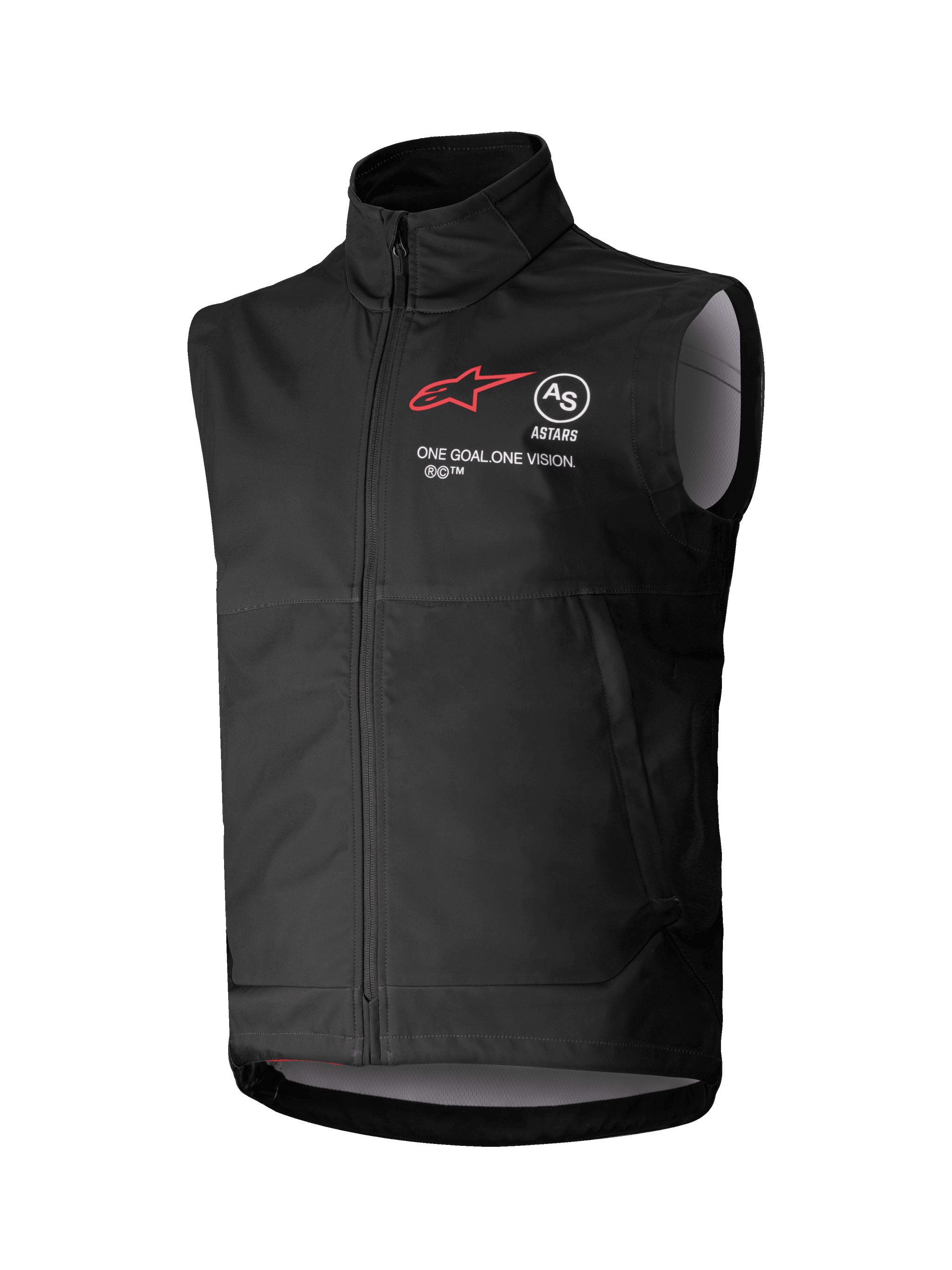 Alpinestars Techstar Softshell Vest, Black Sleeveless Motocross Vest, high collar with front zipper, featuring red star logo with "ASTARS" and "ONE GOAL. ONE VISION." chest branding, lightweight windproof softshell fabric with light gray interior lining, designed for off-road riding