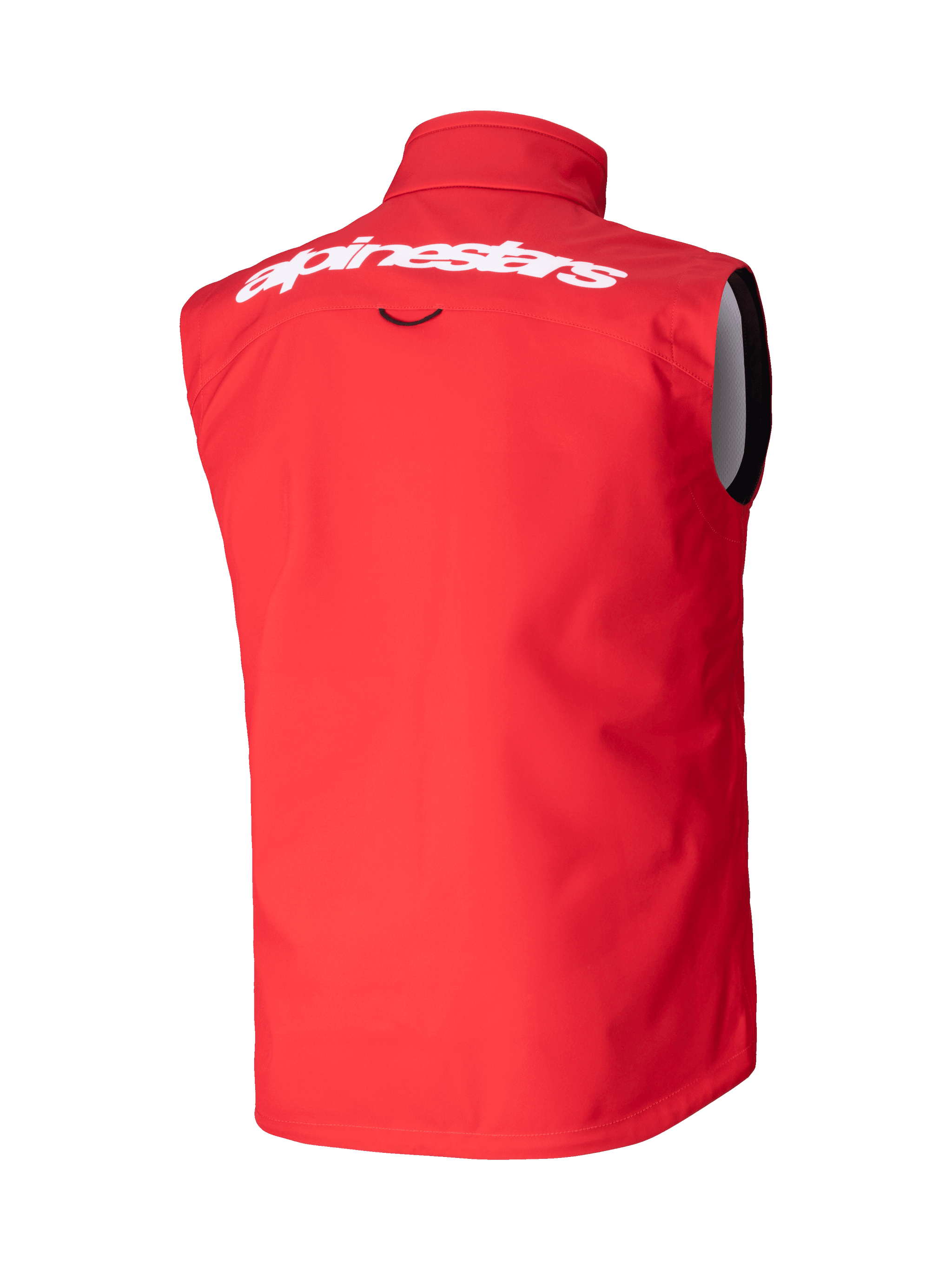 Alpinestars Techstar Softshell Vest, Motocross Vest, Bright Red, Rear view featuring white Alpinestars wordmark on the upper back, windproof stretch softshell material, ergonomic sleeveless design for off-road riding