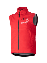 Alpinestars Techstar Softshell Vest, Bright Red sleeveless windproof vest, high collar with black front zipper, white and black ASTARS branding with 'ONE GOAL ONE VISION' motto on chest, gray interior lining, sporty design for motocross