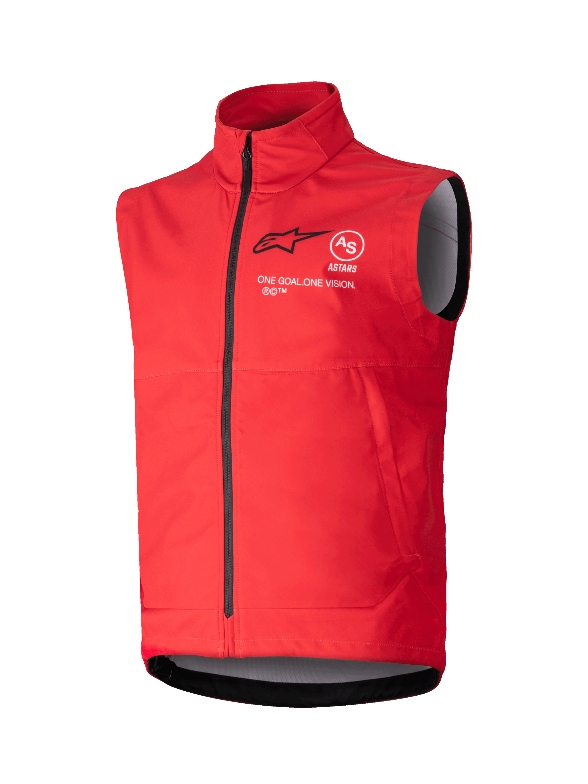 Alpinestars Techstar Softshell Vest, Bright Red sleeveless windproof vest, high collar with black front zipper, white and black ASTARS branding with 'ONE GOAL ONE VISION' motto on chest, gray interior lining, sporty design for motocross