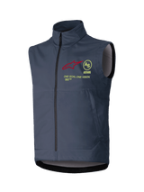 Alpinestars Techstar Softshell Vest, Motocross Sleeveless Vest, Dark Gray, high collar with full-length front zipper, featuring a red star logo, yellow circular AS emblem, ASTARS text, and ONE GOAL ONE VISION slogan on the chest, windproof off-road riding layer.