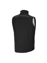 Alpinestars Youth Techstar Softshell Vest, Motocross Vest, Black, back view, featuring tonal Alpinestars wordmark on the upper back, high collar with shock cord adjuster, lightweight windproof softshell material.