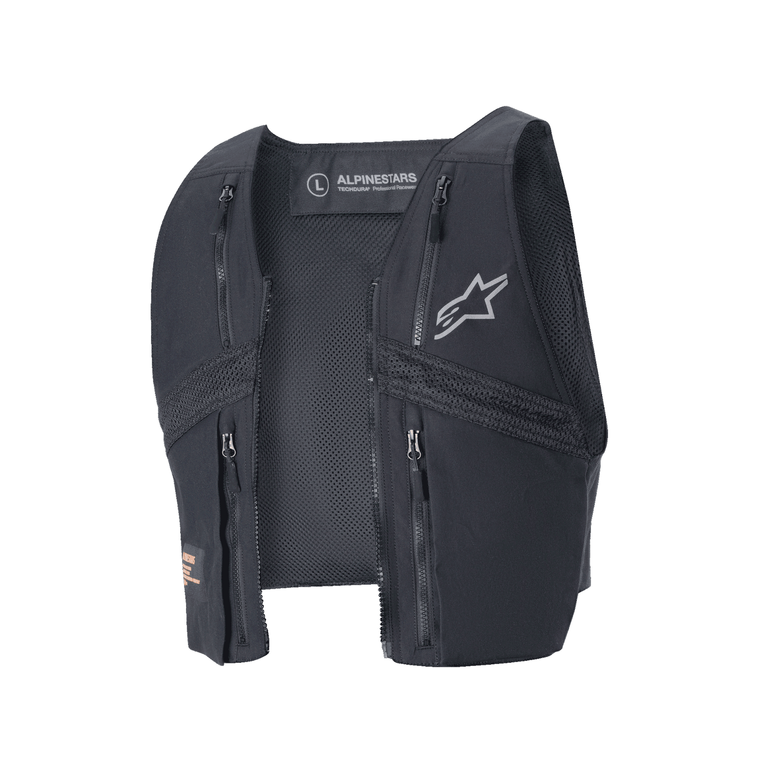 Alpinestars Techdura Tactical Vest, Black, detachable enduro vest for the Techdura Jacket, featuring four zippered chest pockets, mesh paneling for ventilation, and a grey Alpinestars logo