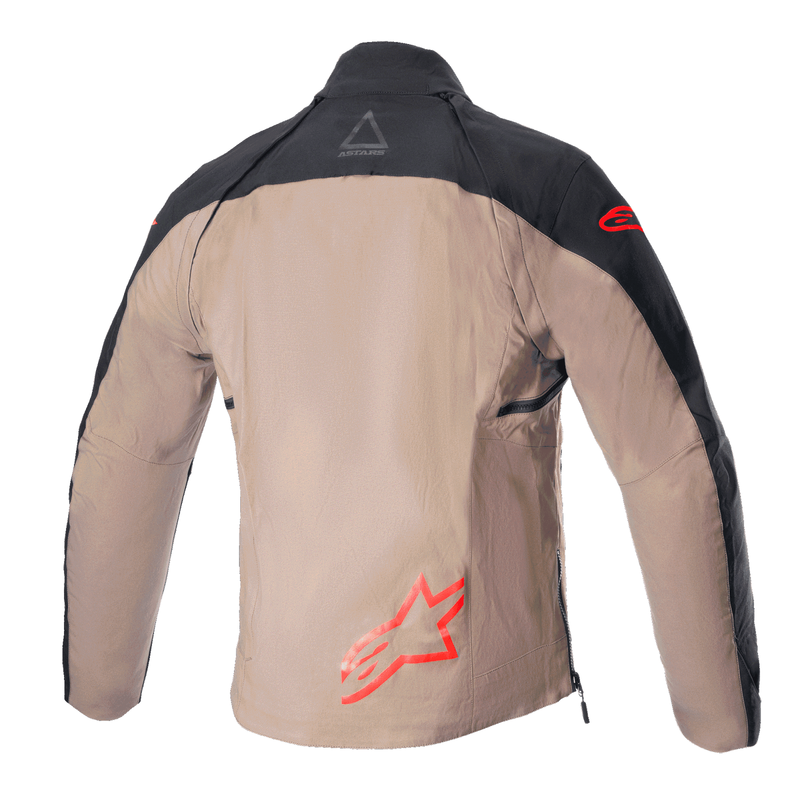 Alpinestars Techdura Jacket, Off-Road Enduro Jacket, Black Falcon Brown, back view without tactical vest, featuring red Astars logos and durable polyamide canvas construction.