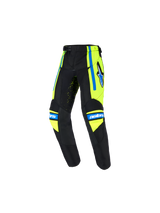 Alpinestars 2026 Kids Racer Nomur Pants, Youth Motocross Pants, Dark Navy with Yellow Fluo and UCLA Blue accents, featuring star logo on the thigh, 'astars' branding on the knees, and ergonomic pre-curved design for off-road racing