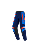 Alpinestars 2026 Kids Racer Nomur Pants, Youth Motocross Pants, Dark Navy and UCLA Blue with Orange accents, featuring black leather inner knee panels, orange side stripes, white Astars logo, and pre-curved design for off-road racing