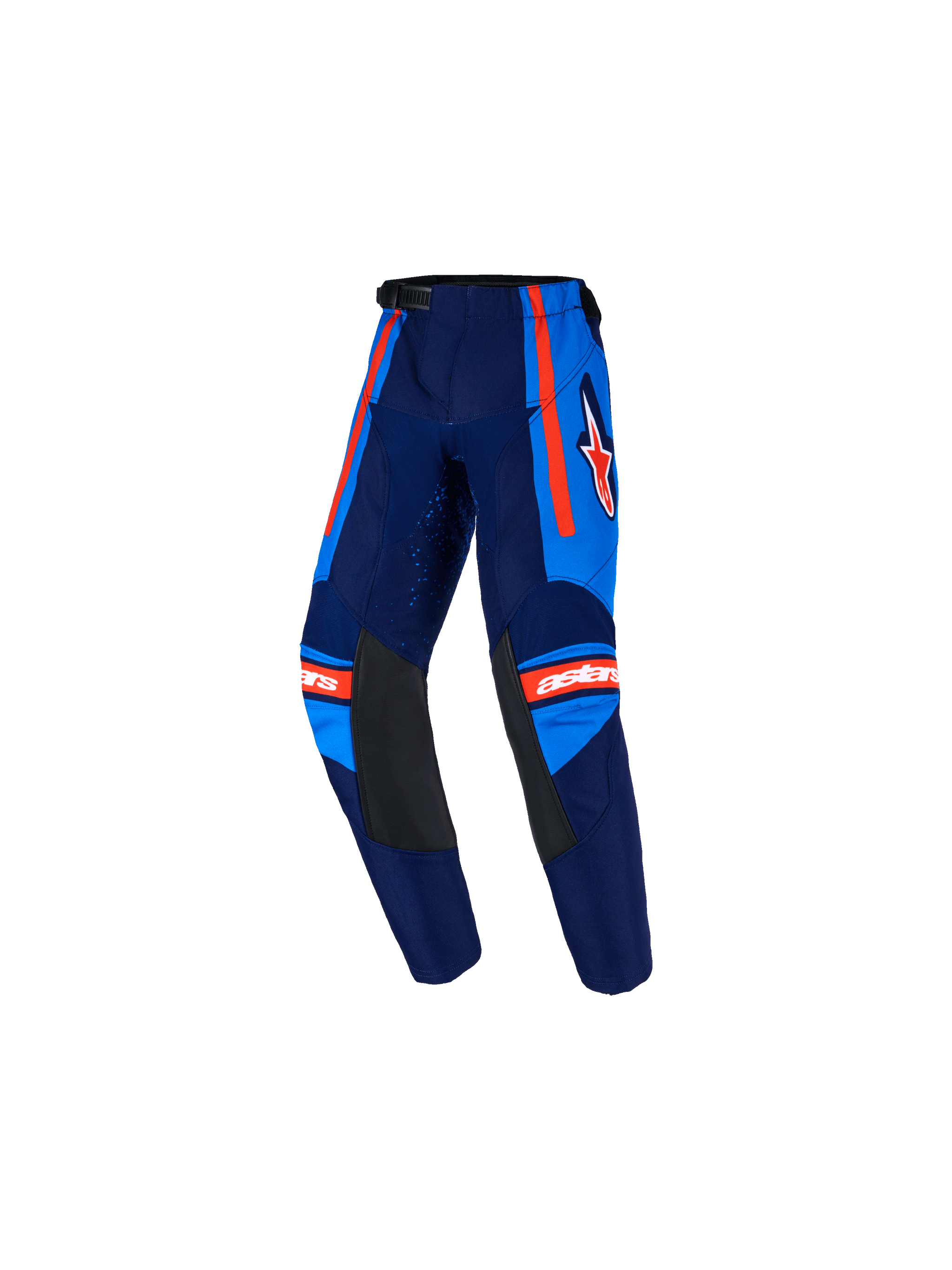Alpinestars 2026 Kids Racer Nomur Pants, Youth Motocross Pants, Dark Navy and UCLA Blue with Orange accents, featuring black leather inner knee panels, orange side stripes, white Astars logo, and pre-curved design for off-road racing