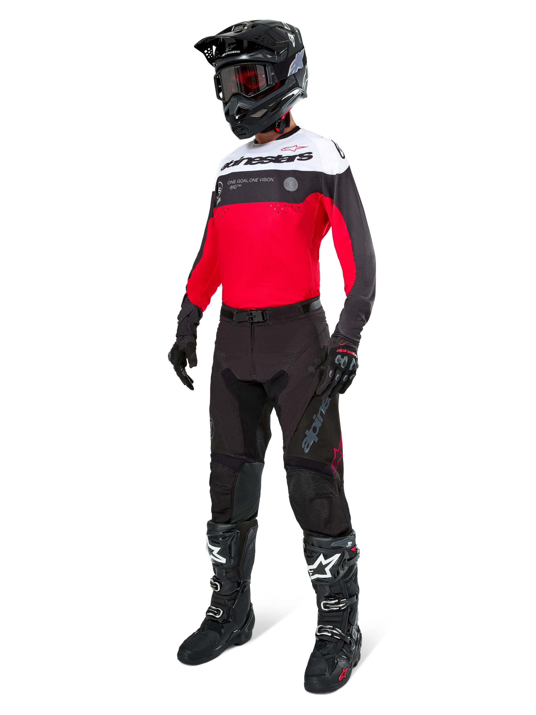 Alpinestars Pro-Dura Pants in Black Magnet White, worn by a rider with a matching red, black and white jersey, black helmet, and black off-road boots, complete professional enduro racing gear set for off-road performance.