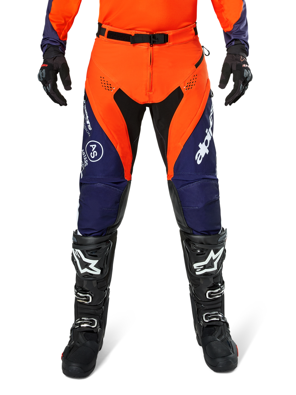 Alpinestars Pro-Dura Pants, Motocross and Enduro Pants, Navy Hot Orange and White, featuring black panels and white logos, worn with black off-road boots and gloves, professional protective gear for trail and off-road riding