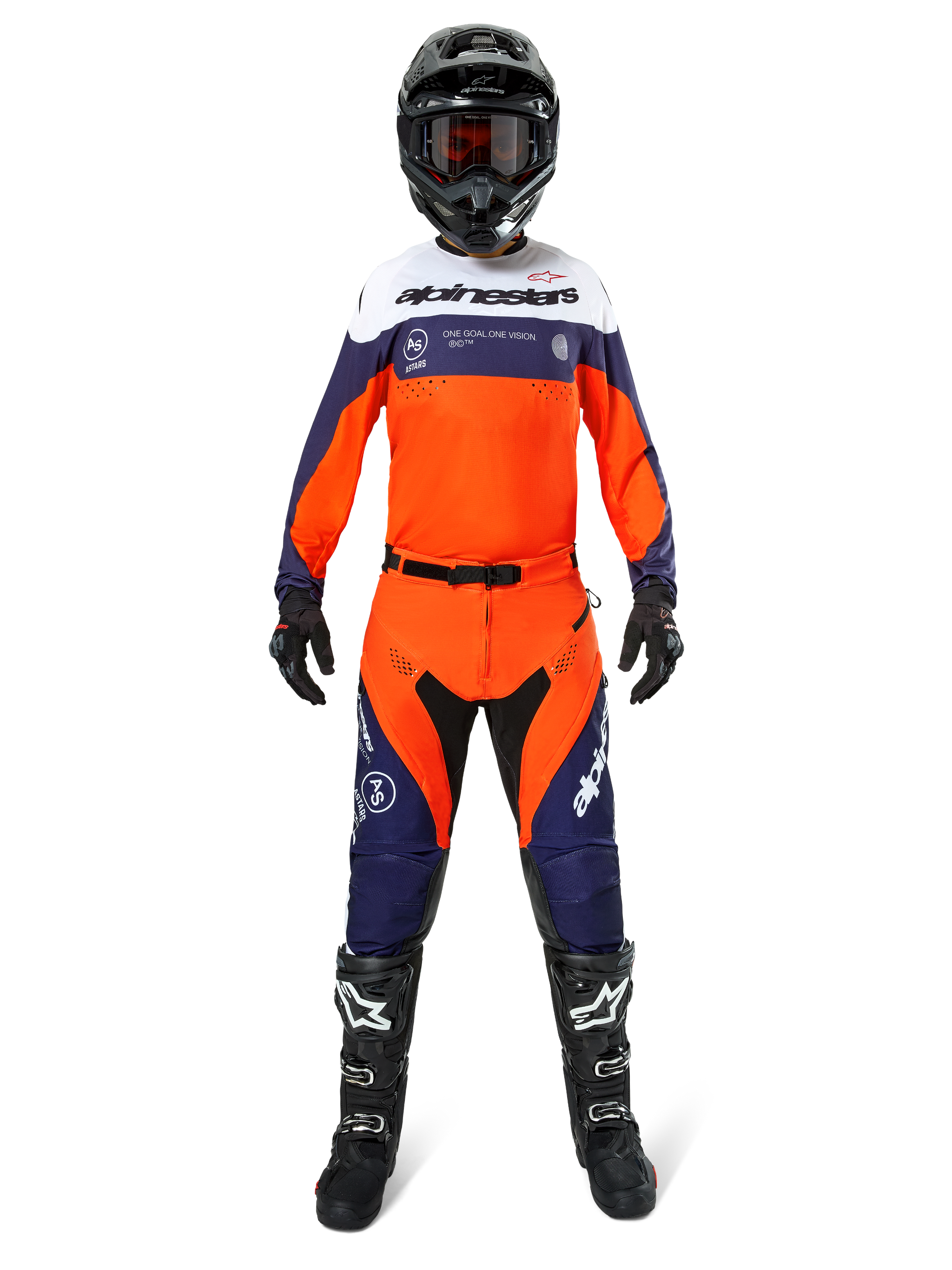 Motocross rider wearing Alpinestars Pro-Dura Pants in Navy Hot Orange White, featuring a matching long-sleeve jersey, black helmet with goggles, black gloves, and black motocross boots, complete off-road racing gear.