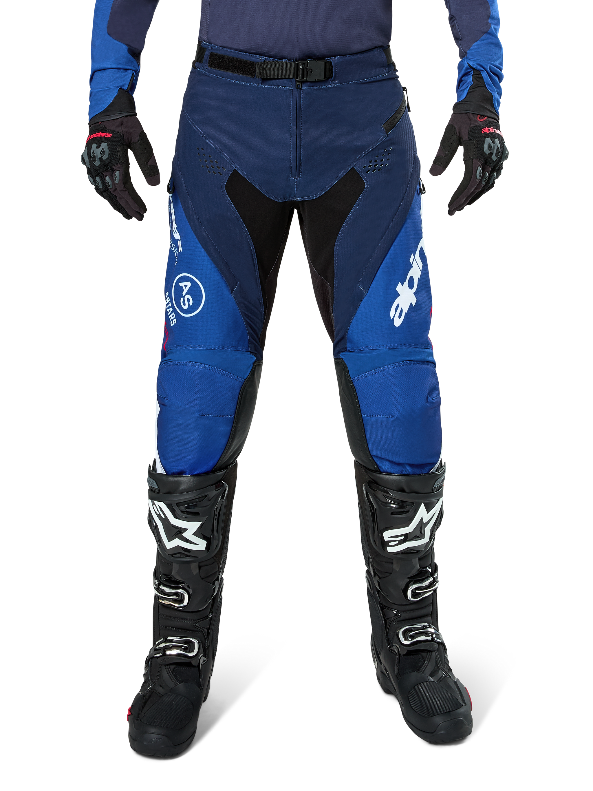 Alpinestars Pro-Dura Pants, Motocross Pants, Navy and Bright Blue with White accents, front view worn with black boots and gloves, technical design for enduro and off-road riding