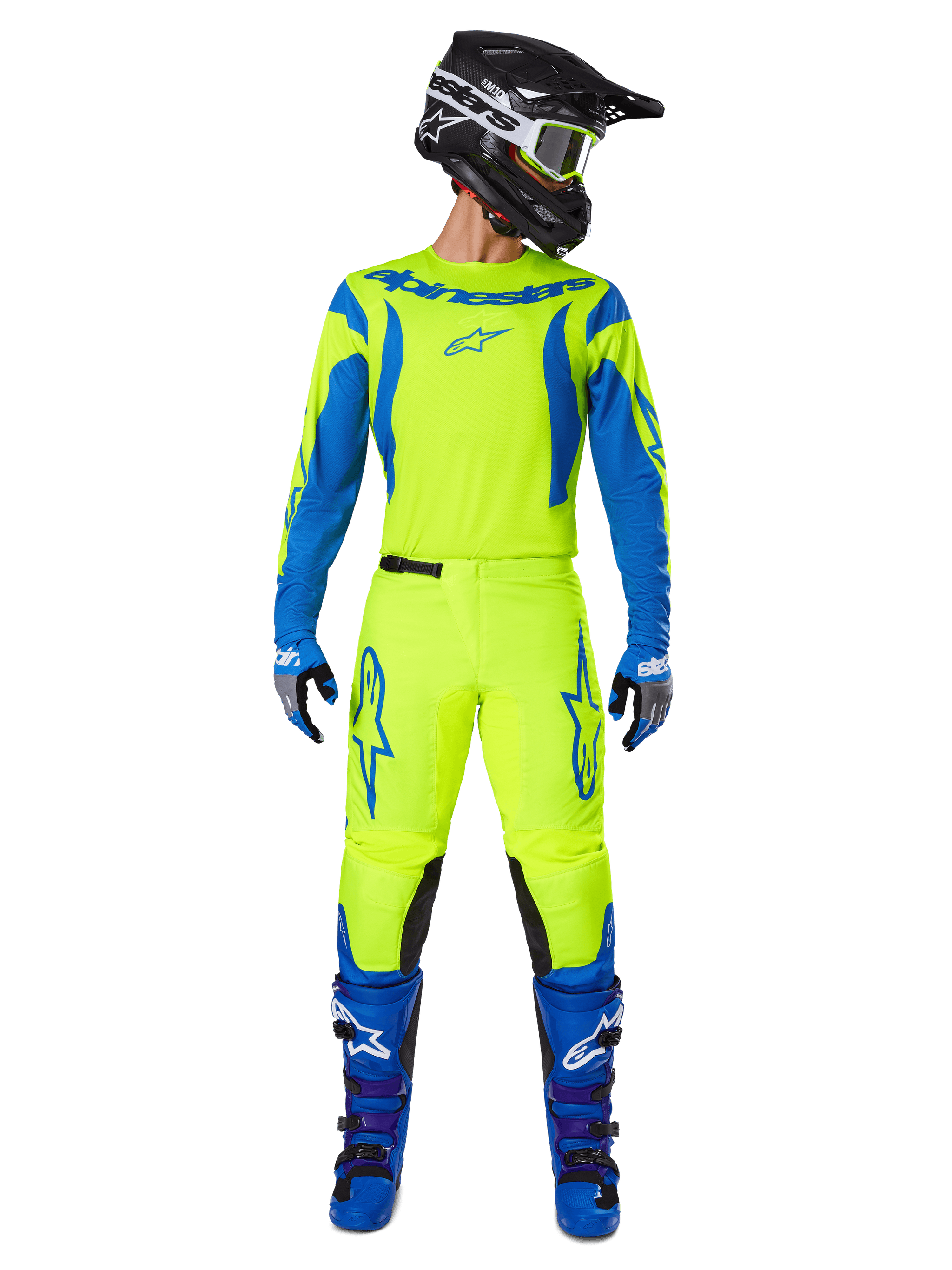 Alpinestars 2025 Fluid Haul Pants, Motocross Pants, Fluorescent Yellow and Blue, worn as a complete racing kit with matching jersey, blue boots, and black helmet, featuring bold blue branding on the thighs and black knee panels